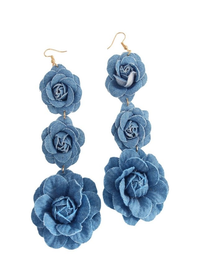 DATOA Boho Denim Camellia Flower Dangle Hook Long Earrings for Women 3 Layered Tiered Blossom Dangling Drop Gold Plated Earring Chic Jewelry Gifts Wedding Bridal - Blue - Image 1